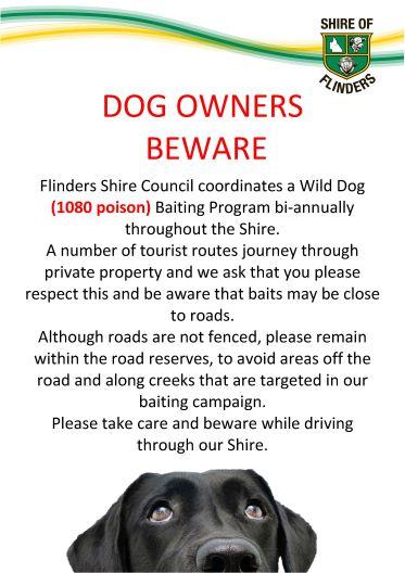 Advising tourists of Flinders Shire Council 1080 Baiting Campaign to ensure their pets safety.